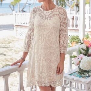 SUNDANCE Susannah Silk Lace Overlay with Lining Bell Sleeve Midi Dress size PS